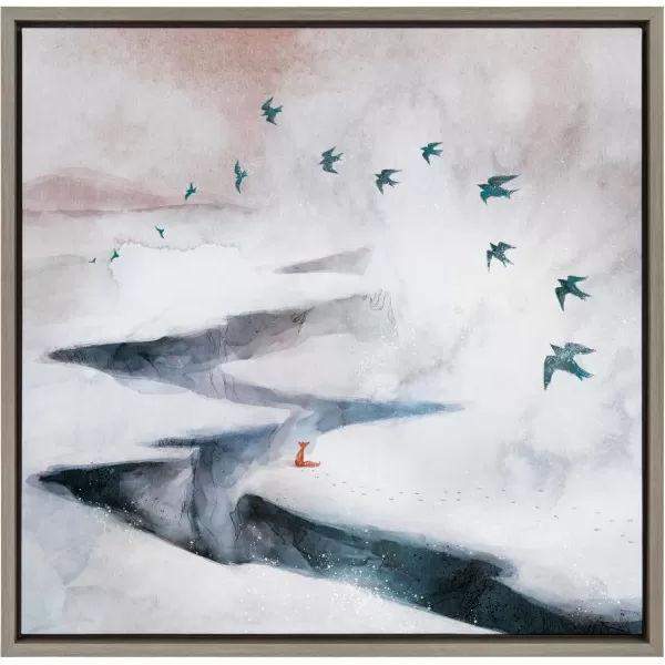 Kate and Laurel Sylvie Snow Day Fox and Birds Framed Canvas Wall Art by Faryn Hughes 22x22 Gray Modern Snowy Landscape Art for Wall