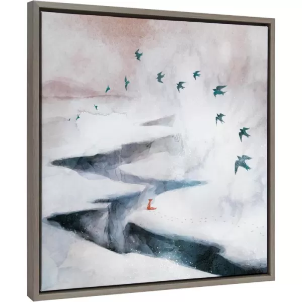 Kate and Laurel Sylvie Snow Day Fox and Birds Framed Canvas Wall Art by Faryn Hughes 22x22 Gray Modern Snowy Landscape Art for Wall