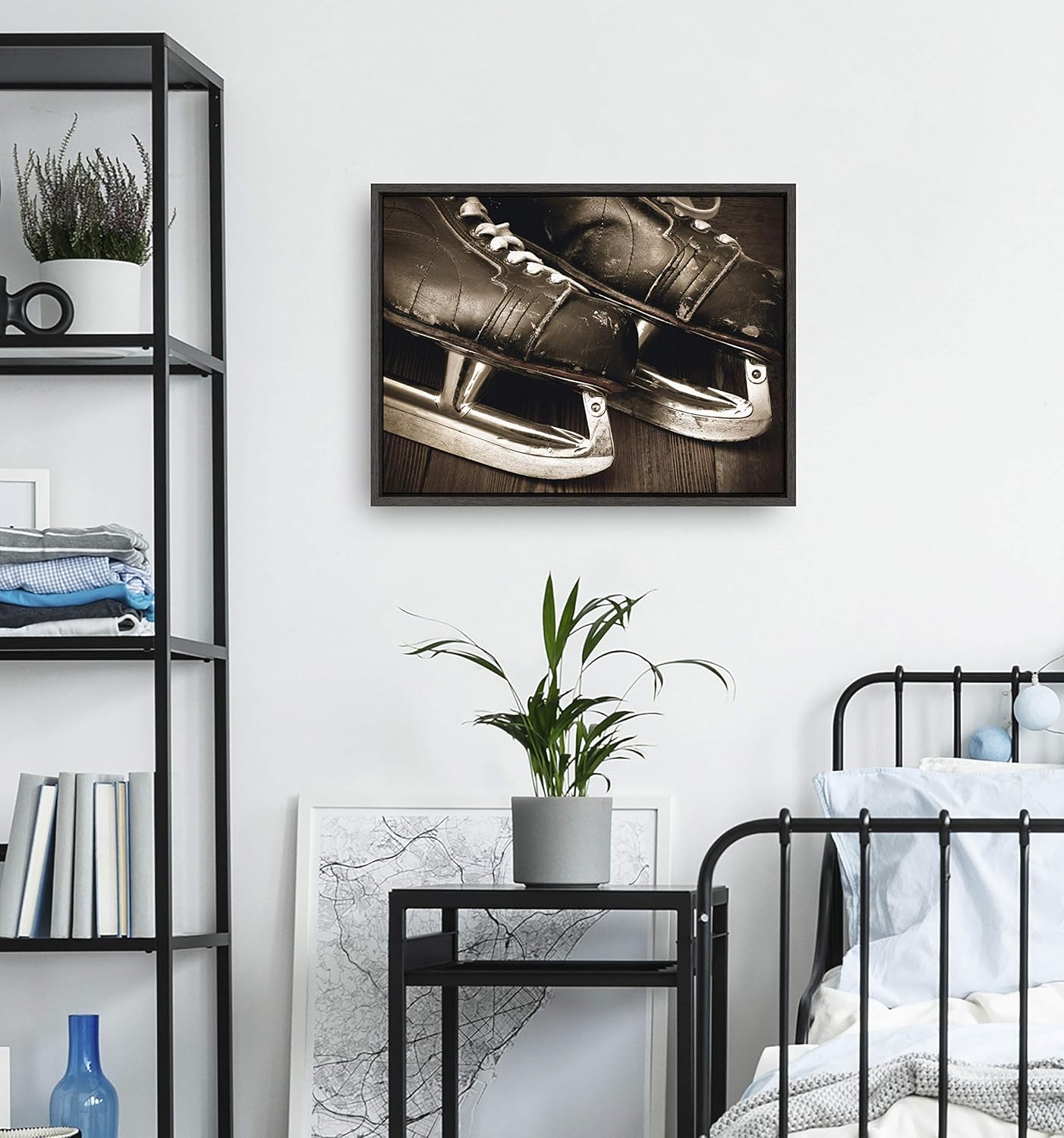 DesignOvation Sylvie Vintage Brown Leather Hockey Skates Framed Canvas Wall Art by Shawn St Peter 18x24 Gray Traditional SportsThemed Home Decor