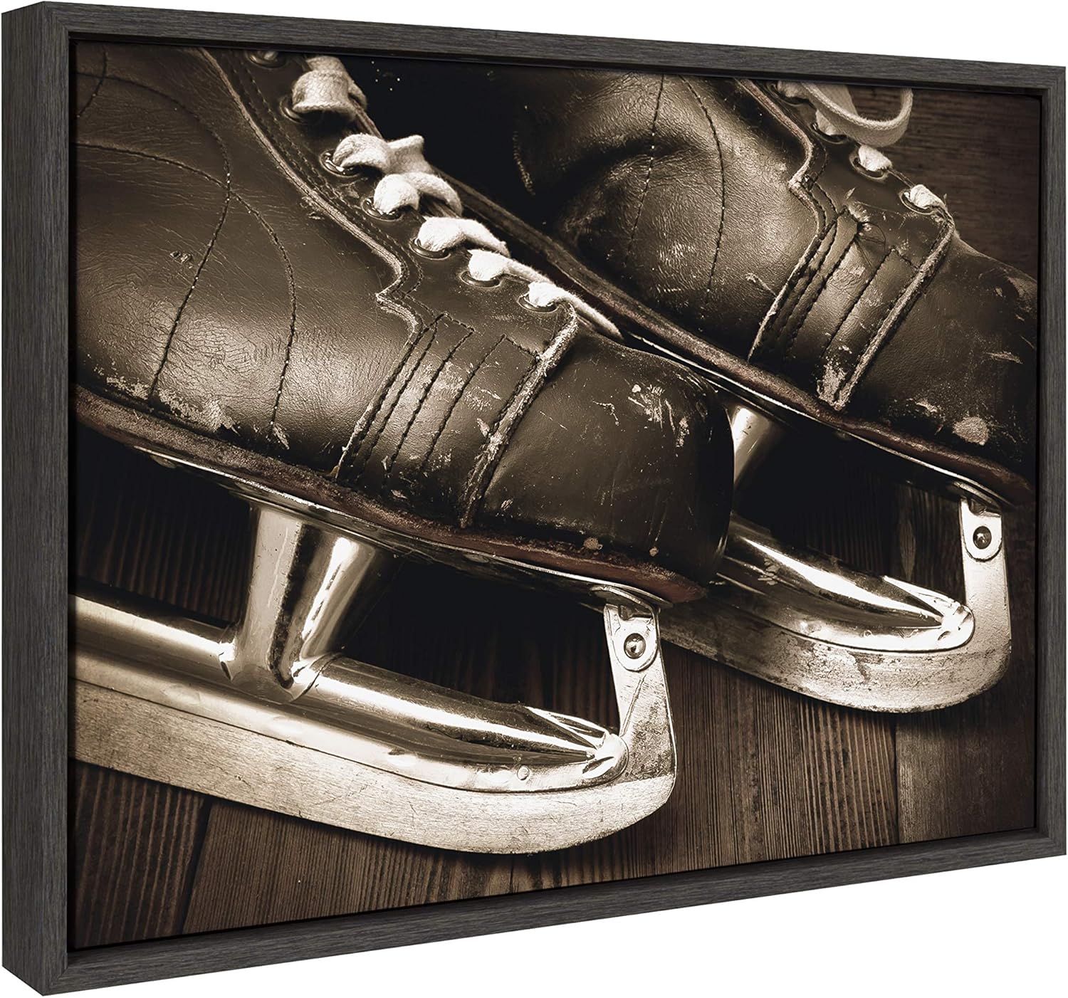 DesignOvation Sylvie Vintage Brown Leather Hockey Skates Framed Canvas Wall Art by Shawn St Peter 18x24 Gray Traditional SportsThemed Home Decor