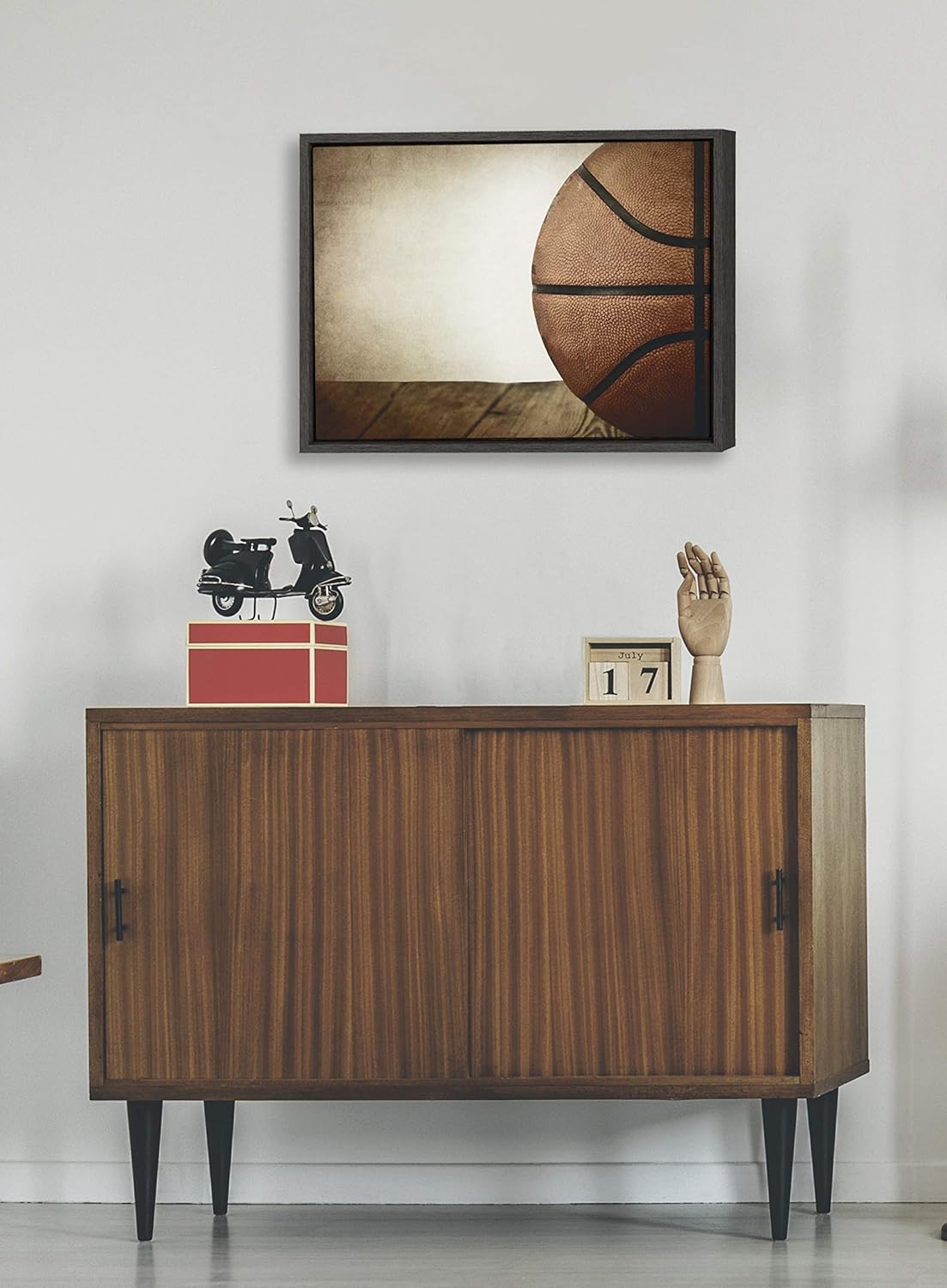 DesignOvation Sylvie Vintage Half Basketball Framed Canvas Wall Art by Shawn St Peter 18x24 Gray Sports Themed Home Decor