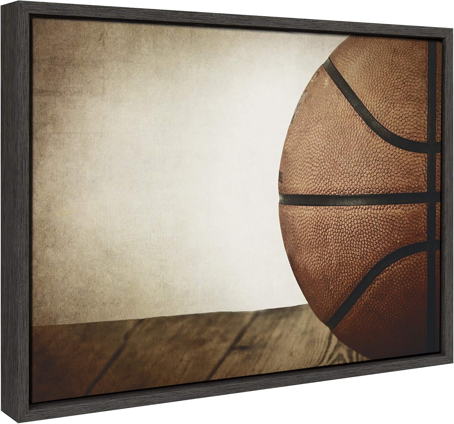 DesignOvation Sylvie Vintage Half Basketball Framed Canvas Wall Art by Shawn St Peter 18x24 Gray Sports Themed Home Decor