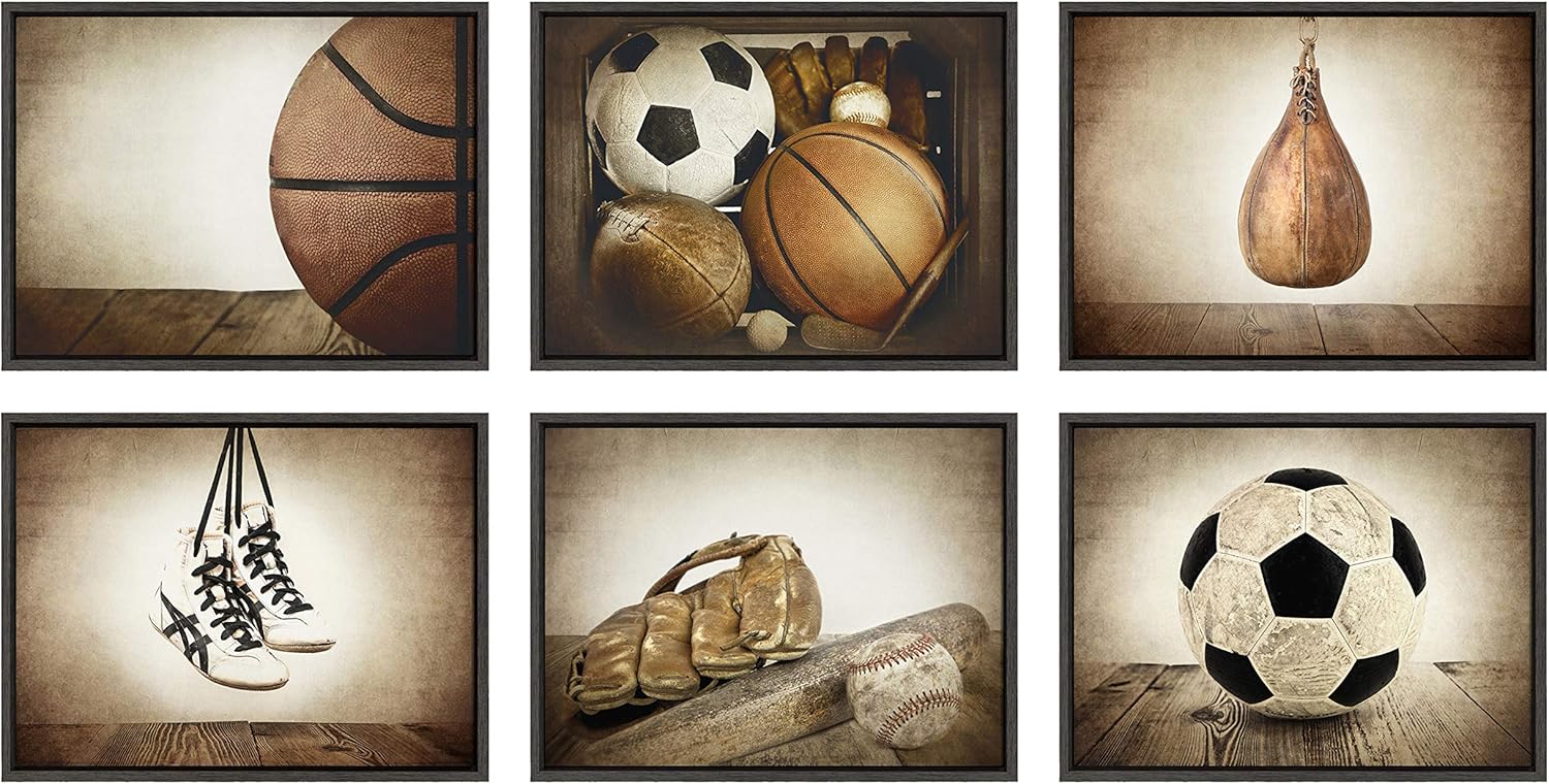 DesignOvation Sylvie Vintage Half Basketball Framed Canvas Wall Art by Shawn St Peter 18x24 Gray Sports Themed Home Decor