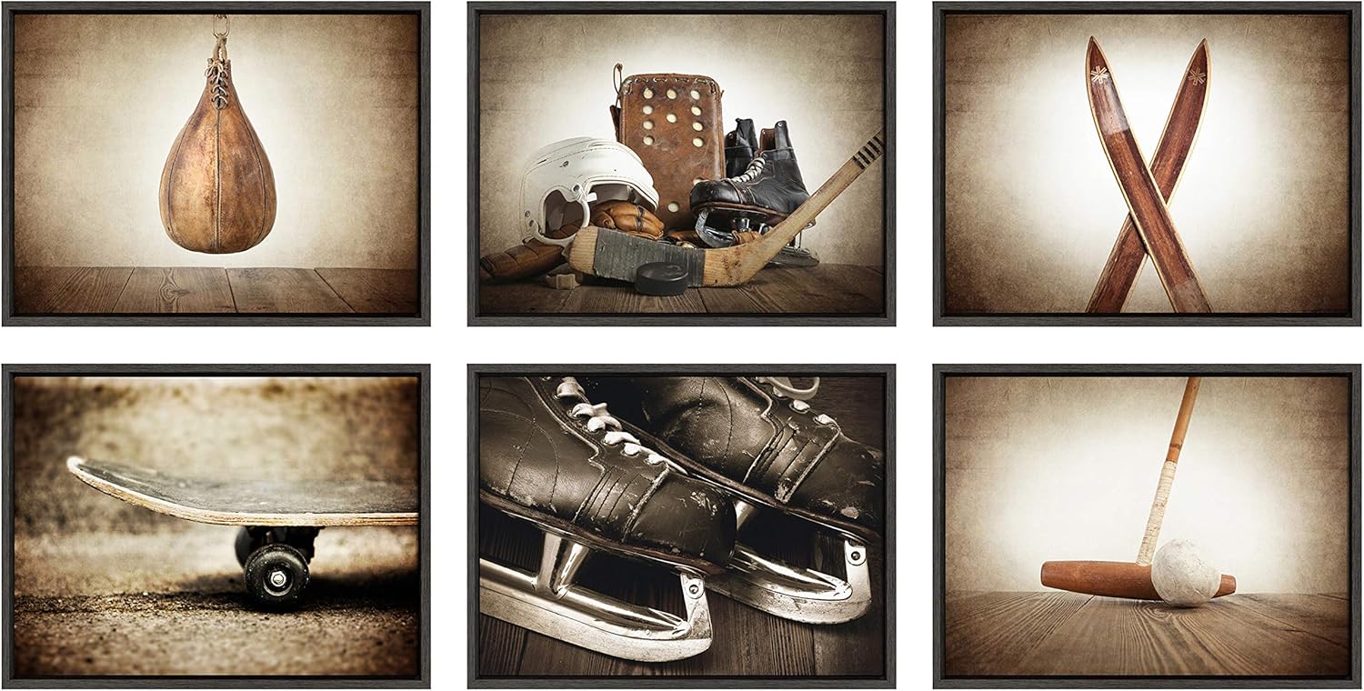 DesignOvation Sylvie Vintage Hockey Gear Sport Print Framed Canvas Wall Art by Shawn St Peter 18x24 Dark Grey Traditional Classic Wall Decor