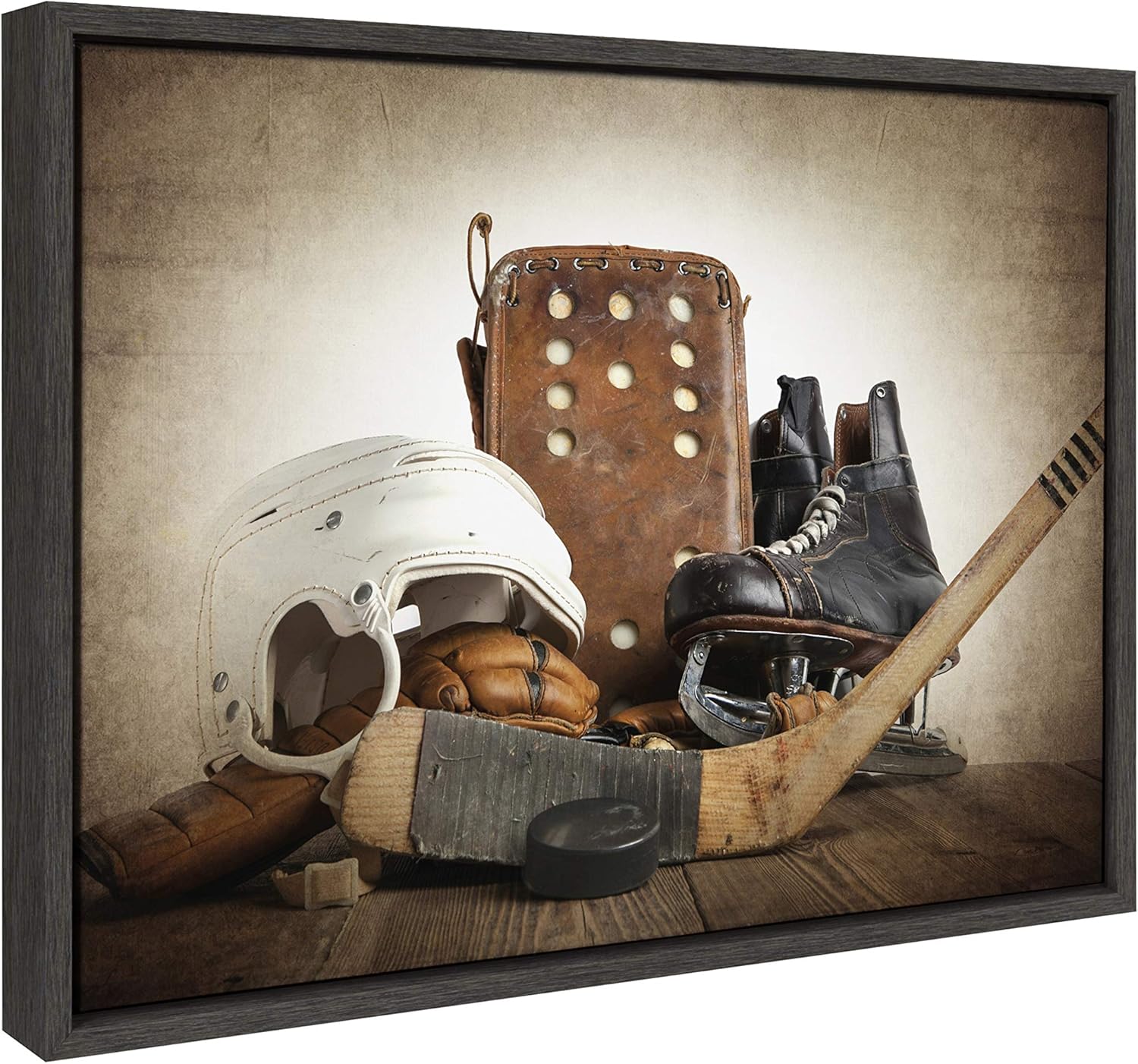 DesignOvation Sylvie Vintage Hockey Gear Sport Print Framed Canvas Wall Art by Shawn St Peter 18x24 Dark Grey Traditional Classic Wall Decor