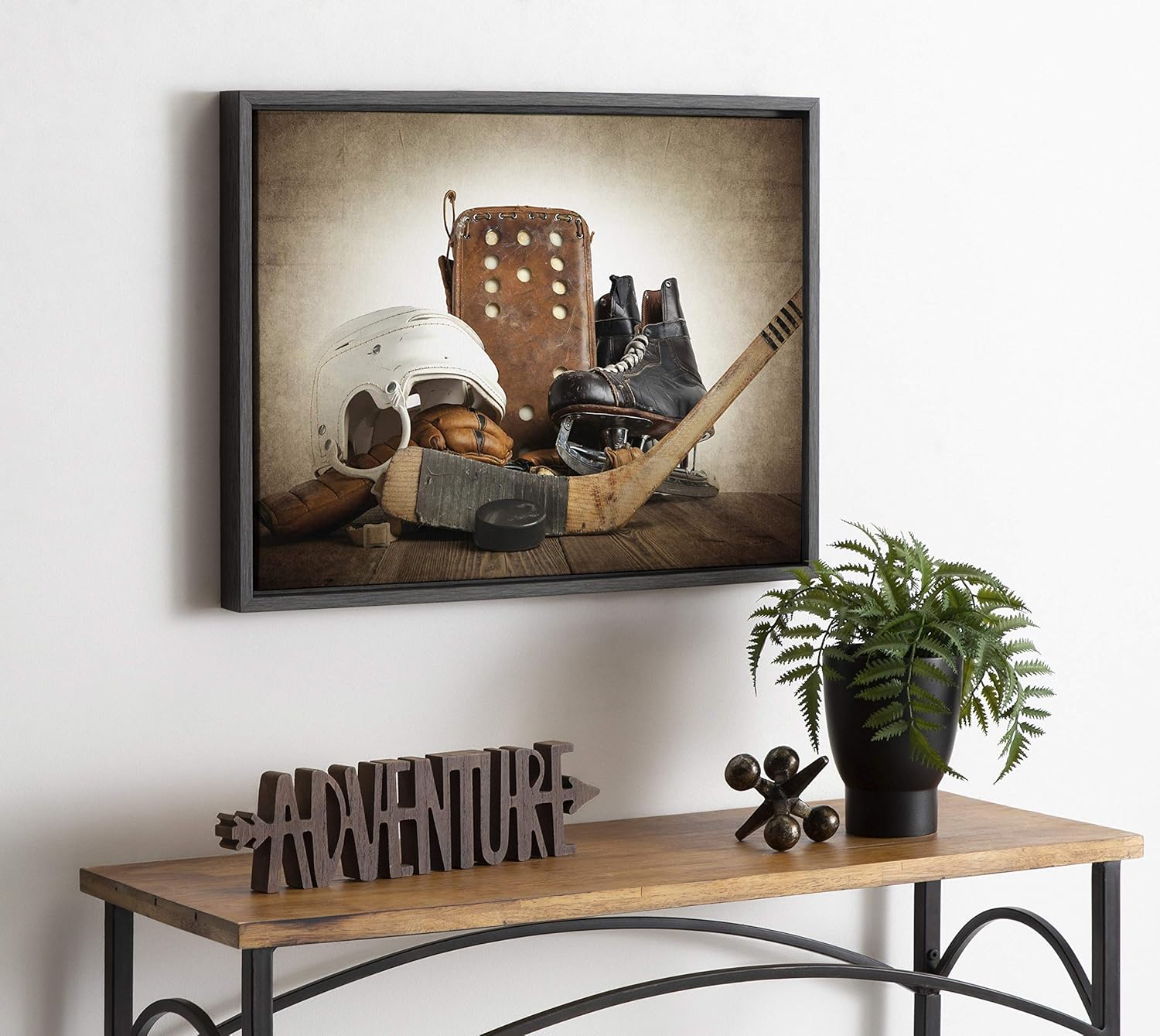 DesignOvation Sylvie Vintage Hockey Gear Sport Print Framed Canvas Wall Art by Shawn St Peter 18x24 Dark Grey Traditional Classic Wall Decor
