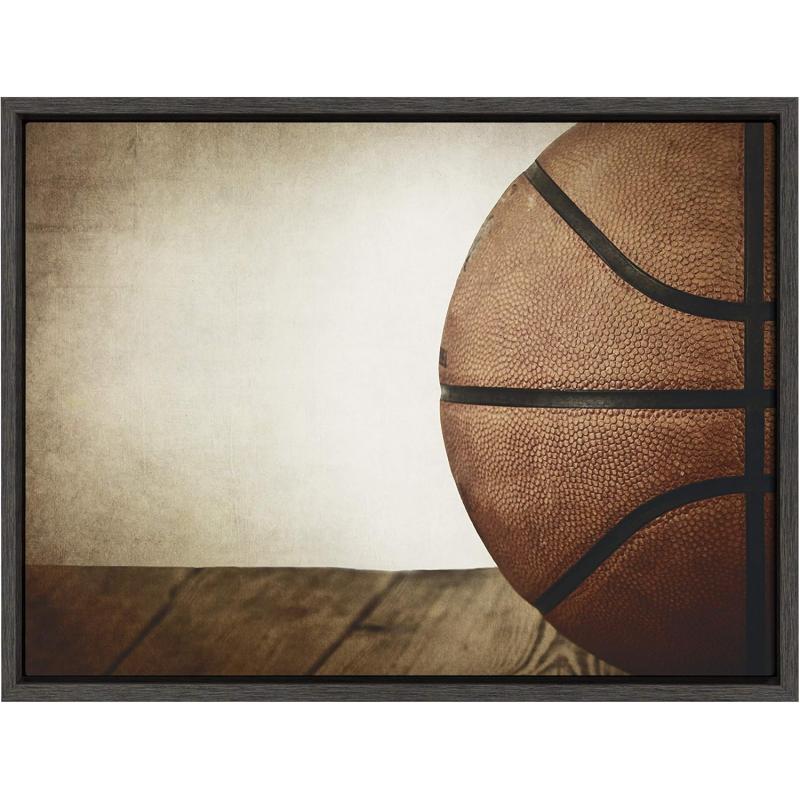 DesignOvation Sylvie Vintage Half Basketball Framed Canvas Wall Art by Shawn St Peter 18x24 Gray Sports Themed Home Decor