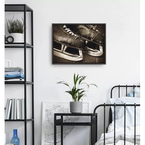 DesignOvation Sylvie Vintage Brown Leather Hockey Skates Framed Canvas Wall Art by Shawn St Peter 18x24 Gray Traditional SportsThemed Home Decor