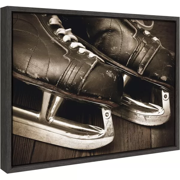DesignOvation Sylvie Vintage Brown Leather Hockey Skates Framed Canvas Wall Art by Shawn St Peter 18x24 Gray Traditional SportsThemed Home Decor