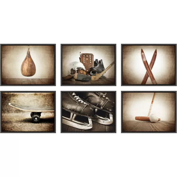 DesignOvation Sylvie Vintage Hockey Gear Sport Print Framed Canvas Wall Art by Shawn St Peter 18x24 Dark Grey Traditional Classic Wall Decor