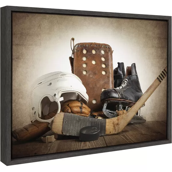 DesignOvation Sylvie Vintage Hockey Gear Sport Print Framed Canvas Wall Art by Shawn St Peter 18x24 Dark Grey Traditional Classic Wall Decor