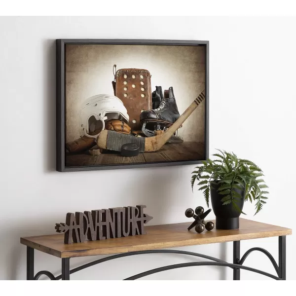 DesignOvation Sylvie Vintage Hockey Gear Sport Print Framed Canvas Wall Art by Shawn St Peter 18x24 Dark Grey Traditional Classic Wall Decor