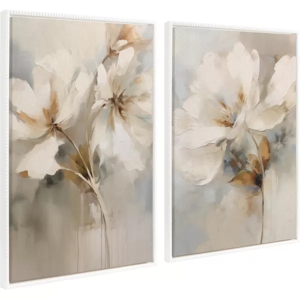 Kate and Laurel Sylvie Beaded Abstract Botanical Floral Linen Painting 1 and 2 Vintage Framed Canvas Wall Art Set by The Creative Bunch Studio 2 Piece Set 23x33 White Simple Floral Art for WallWhite