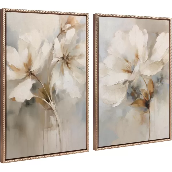 Kate and Laurel Sylvie Beaded Abstract Botanical Floral Linen Painting 1 and 2 Vintage Framed Canvas Wall Art Set by The Creative Bunch Studio 2 Piece Set 23x33 White Simple Floral Art for WallGold