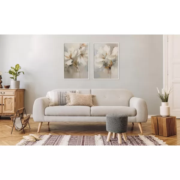 Kate and Laurel Sylvie Beaded Abstract Botanical Floral Linen Painting 1 and 2 Vintage Framed Canvas Wall Art Set by The Creative Bunch Studio 2 Piece Set 23x33 White Simple Floral Art for WallWhite
