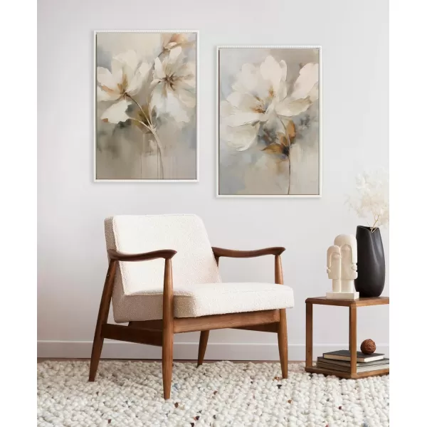 Kate and Laurel Sylvie Beaded Abstract Botanical Floral Linen Painting 1 and 2 Vintage Framed Canvas Wall Art Set by The Creative Bunch Studio 2 Piece Set 23x33 White Simple Floral Art for WallWhite