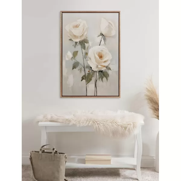 Kate and Laurel Sylvie Beaded Soft White Roses Vintage Framed Canvas Wall Art by The Creative Bunch Studio 23x33 White Delicate Flower Art for WallGold