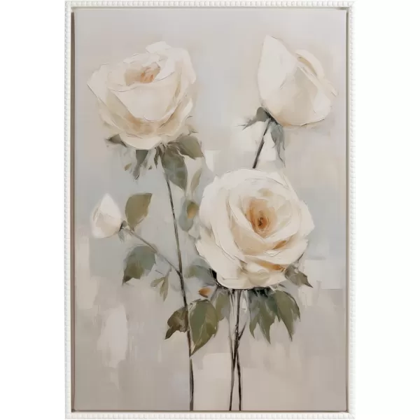 Kate and Laurel Sylvie Beaded Soft White Roses Vintage Framed Canvas Wall Art by The Creative Bunch Studio 23x33 White Delicate Flower Art for WallWhite