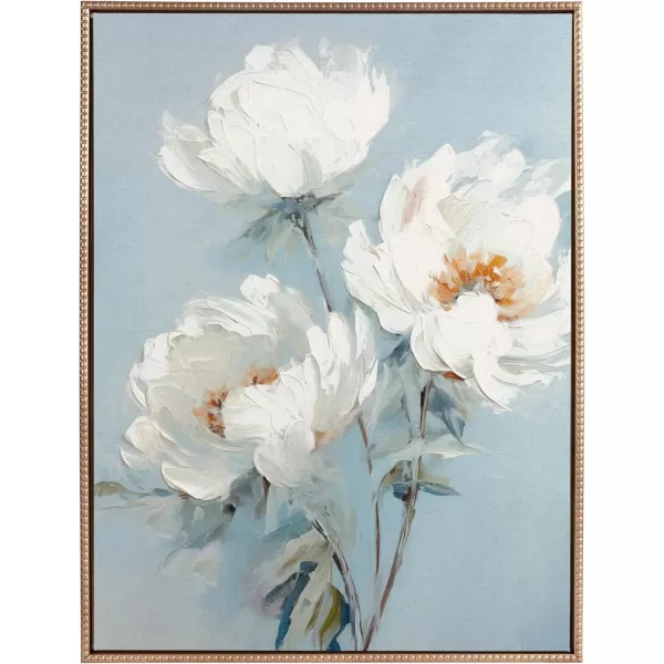 Kate and Laurel Sylvie Beaded White Peonies on Ocean Blue Vintage Framed Canvas Wall Art by The Creative Bunch Studio 315x415 Gold Soft Flower Painting Art for WallGold
