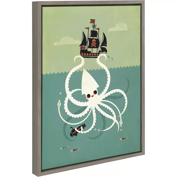 Kate and Laurel Sylvie Kraken Framed Canvas Wall Art by Amber Leaders Designs 18x24 Gray Adorable Baby Sea Creature Art for Wall