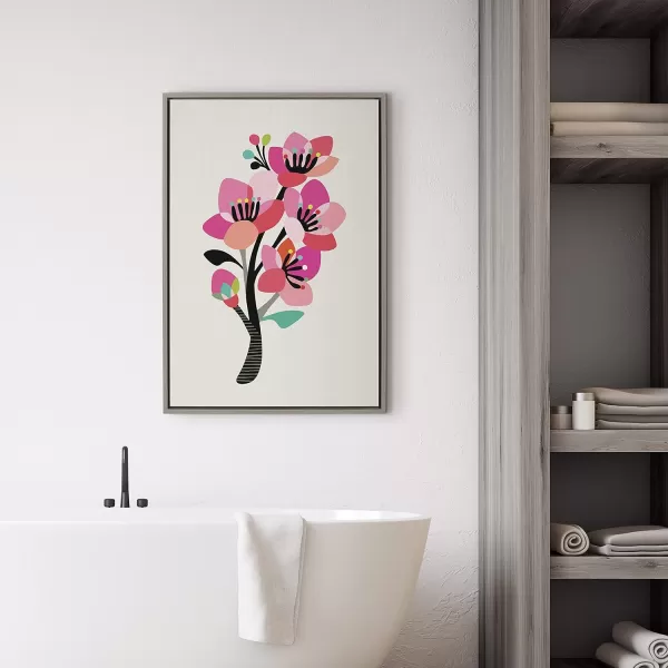 Kate and Laurel Sylvie Mid Century Modern Cherry Blossoms Framed Canvas Wall Art by Rachel Lee of My Dream Wall 23x33 Natural Colorful Floral Art for WallGrey