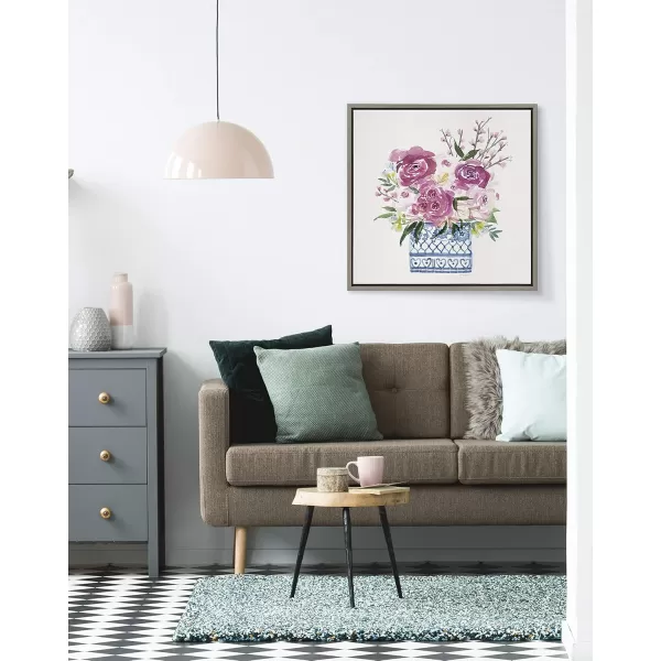 Kate and Laurel Sylvie Pink Blooms in Chinoiserie Framed Canvas Wall Art by Patricia Shaw 22x22 Gray Cute Floral Art for WallGray