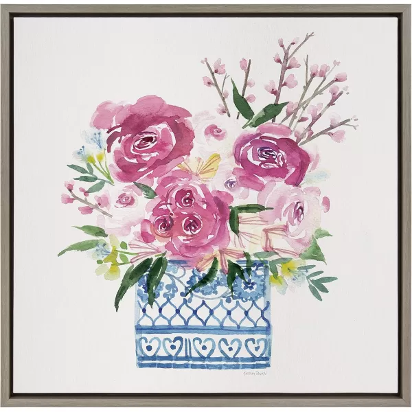 Kate and Laurel Sylvie Pink Blooms in Chinoiserie Framed Canvas Wall Art by Patricia Shaw 22x22 Gray Cute Floral Art for WallGray