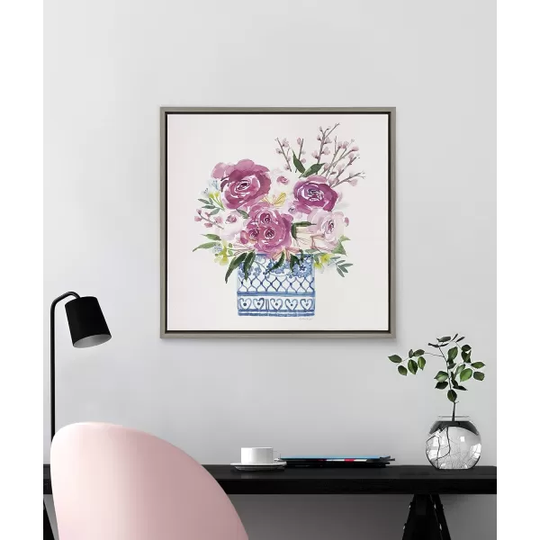 Kate and Laurel Sylvie Pink Blooms in Chinoiserie Framed Canvas Wall Art by Patricia Shaw 22x22 Gray Cute Floral Art for WallGray