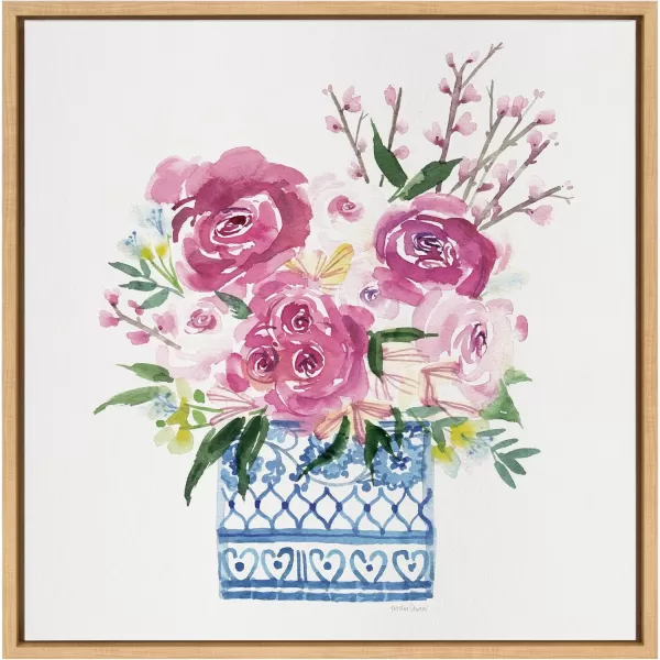 Kate and Laurel Sylvie Pink Blooms in Chinoiserie Framed Canvas Wall Art by Patricia Shaw 22x22 Gray Cute Floral Art for WallNatural