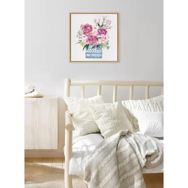 Kate and Laurel Sylvie Pink Blooms in Chinoiserie Framed Canvas Wall Art by Patricia Shaw 22x22 Gray Cute Floral Art for WallNatural