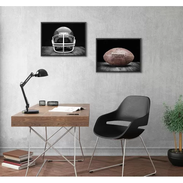 Kate and Laurel Sylvie Vintage Football Helmet on Black and Vintage Football on Black Framed Canvas Wall Art Set by Saint and Sailor Studios 2 Piece 18x24 Dark Gray Retro Black and White Sports Art