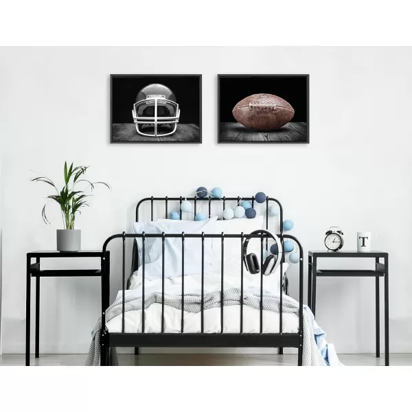 Kate and Laurel Sylvie Vintage Football Helmet on Black and Vintage Football on Black Framed Canvas Wall Art Set by Saint and Sailor Studios 2 Piece 18x24 Dark Gray Retro Black and White Sports Art
