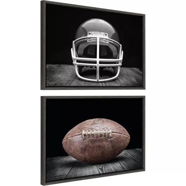 Kate and Laurel Sylvie Vintage Football Helmet on Black and Vintage Football on Black Framed Canvas Wall Art Set by Saint and Sailor Studios 2 Piece 18x24 Dark Gray Retro Black and White Sports Art