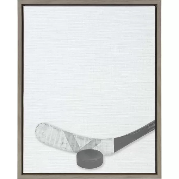 DesignOvation Sylvie Color Hockey Stick and Puck Portrait Framed Canvas Wall Art 18x24 Natural Sporty Wall Decor for HomeGrey