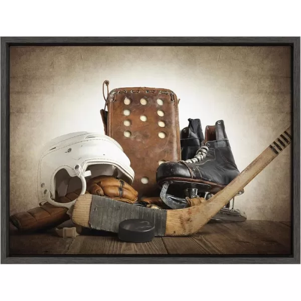 DesignOvation Sylvie Vintage Hockey Gear Sport Print Framed Canvas Wall Art by Shawn St Peter 18x24 Dark Grey Traditional Classic Wall Decor