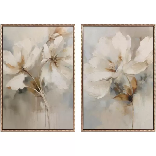 Kate and Laurel Sylvie Beaded Abstract Botanical Floral Linen Painting 1 and 2 Vintage Framed Canvas Wall Art Set by The Creative Bunch Studio 2 Piece Set 23x33 White Simple Floral Art for WallGold