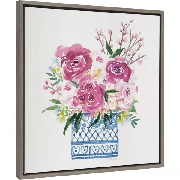 Kate and Laurel Sylvie Pink Blooms in Chinoiserie Framed Canvas Wall Art by Patricia Shaw 22x22 Gray Cute Floral Art for WallGray