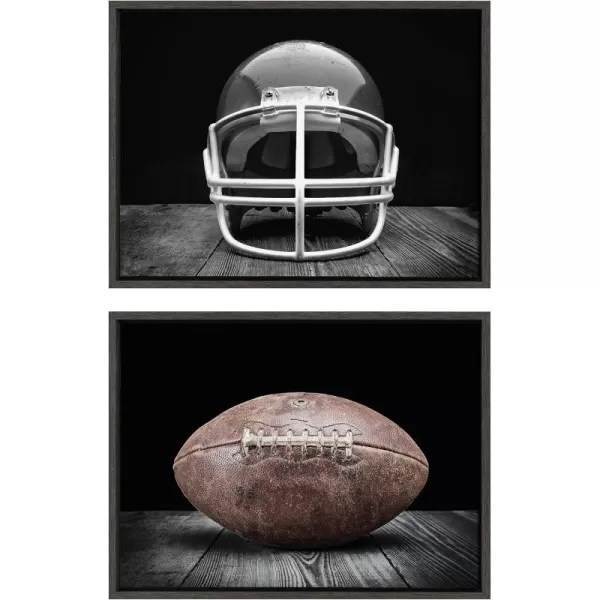 Kate and Laurel Sylvie Vintage Football Helmet on Black and Vintage Football on Black Framed Canvas Wall Art Set by Saint and Sailor Studios 2 Piece 18x24 Dark Gray Retro Black and White Sports Art