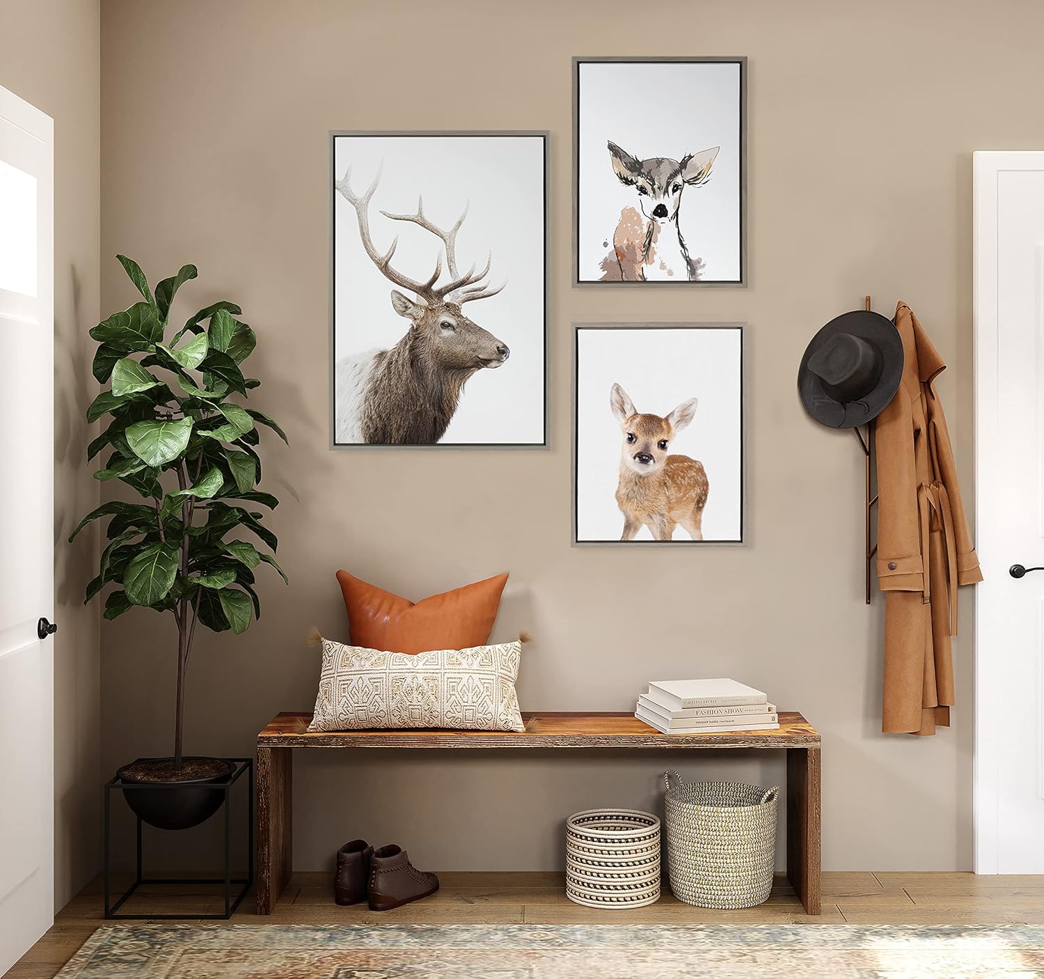 Kate and Laurel Sylvie Stag Profile Framed Canvas Wall Art by Amy Peterson Art Studio 23x33 Natural Modern Forest Animal Portrait Art for WallGray