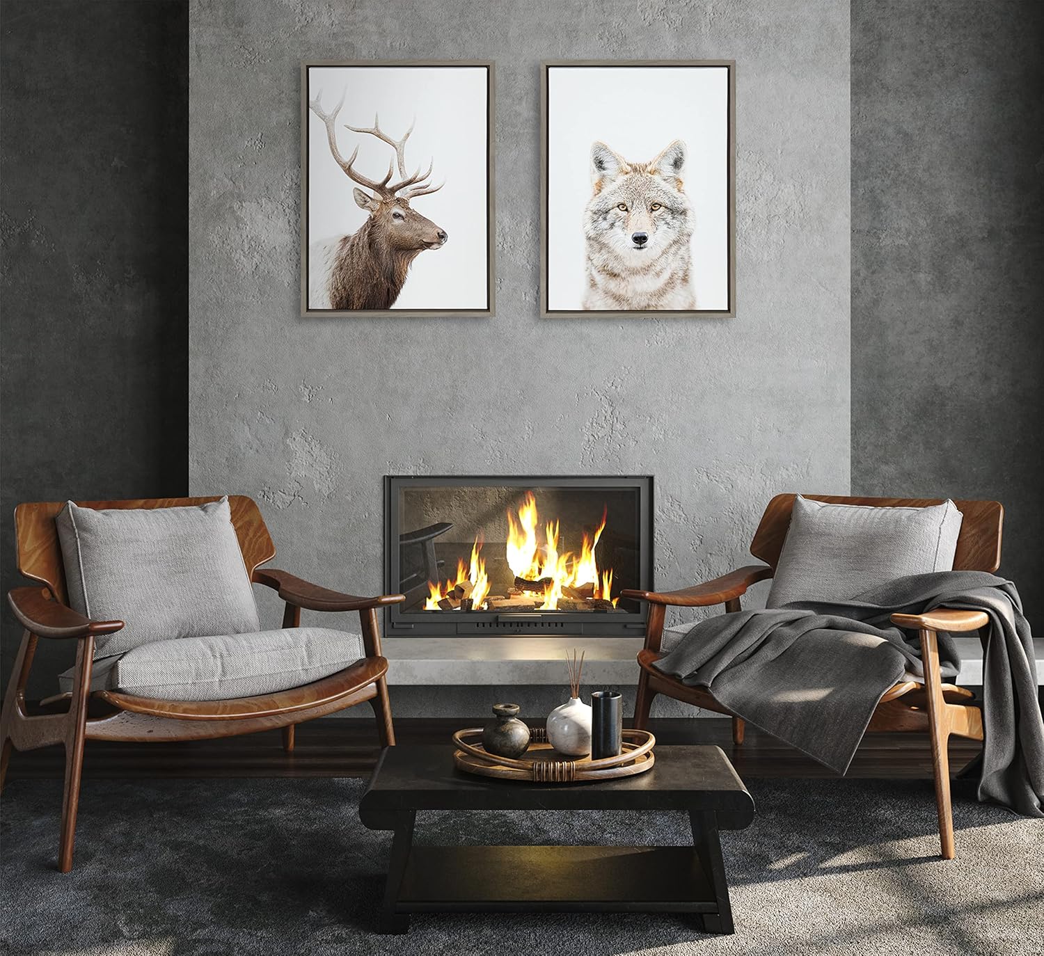 Kate and Laurel Sylvie Stag Profile Framed Canvas Wall Art by Amy Peterson Art Studio 23x33 Natural Modern Forest Animal Portrait Art for WallGray