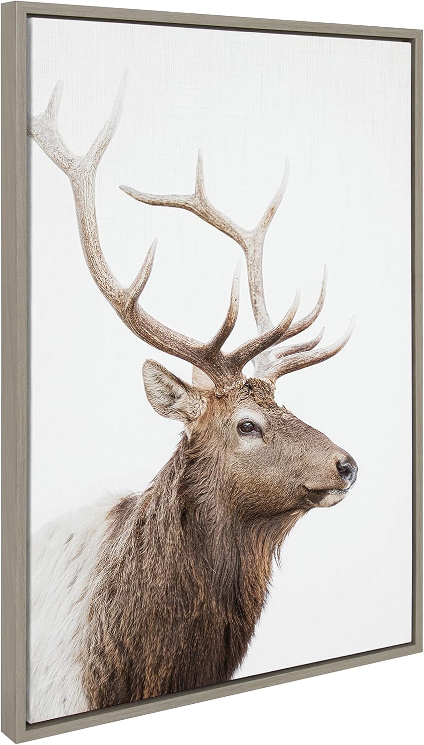 Kate and Laurel Sylvie Stag Profile Framed Canvas Wall Art by Amy Peterson Art Studio 23x33 Natural Modern Forest Animal Portrait Art for WallGray