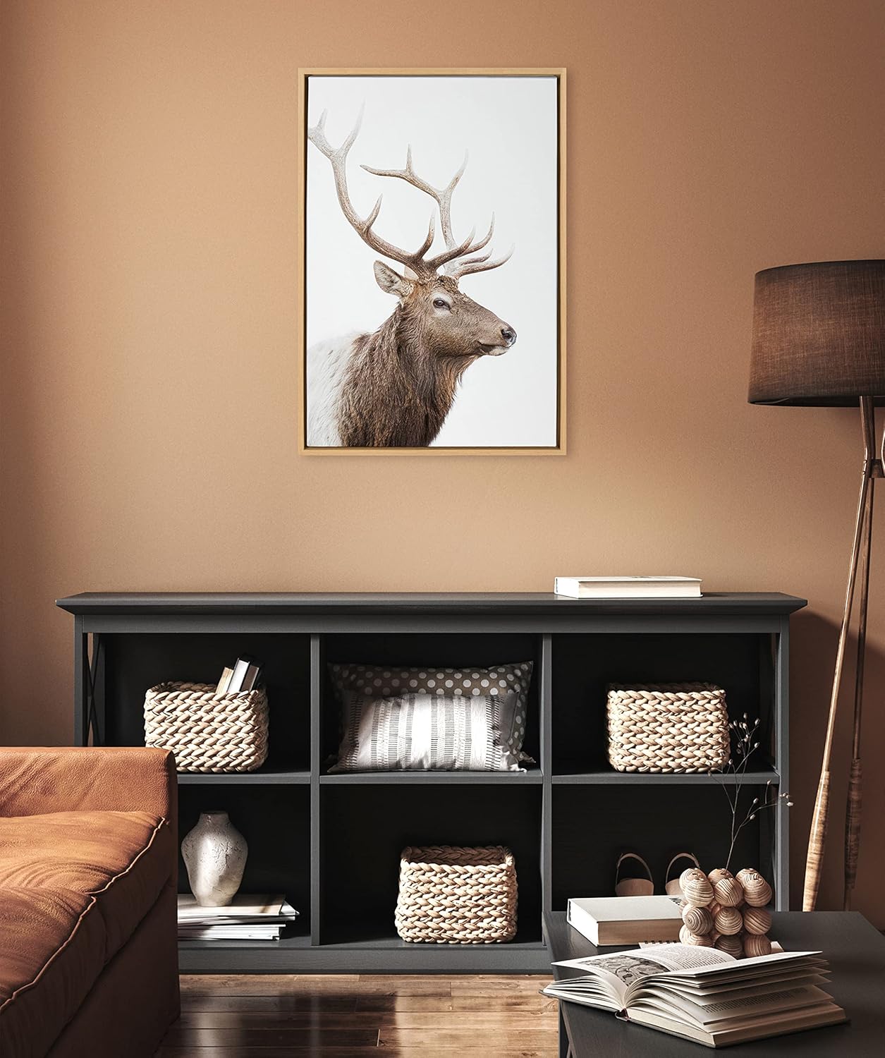 Kate and Laurel Sylvie Stag Profile Framed Canvas Wall Art by Amy Peterson Art Studio 23x33 Natural Modern Forest Animal Portrait Art for WallNatural