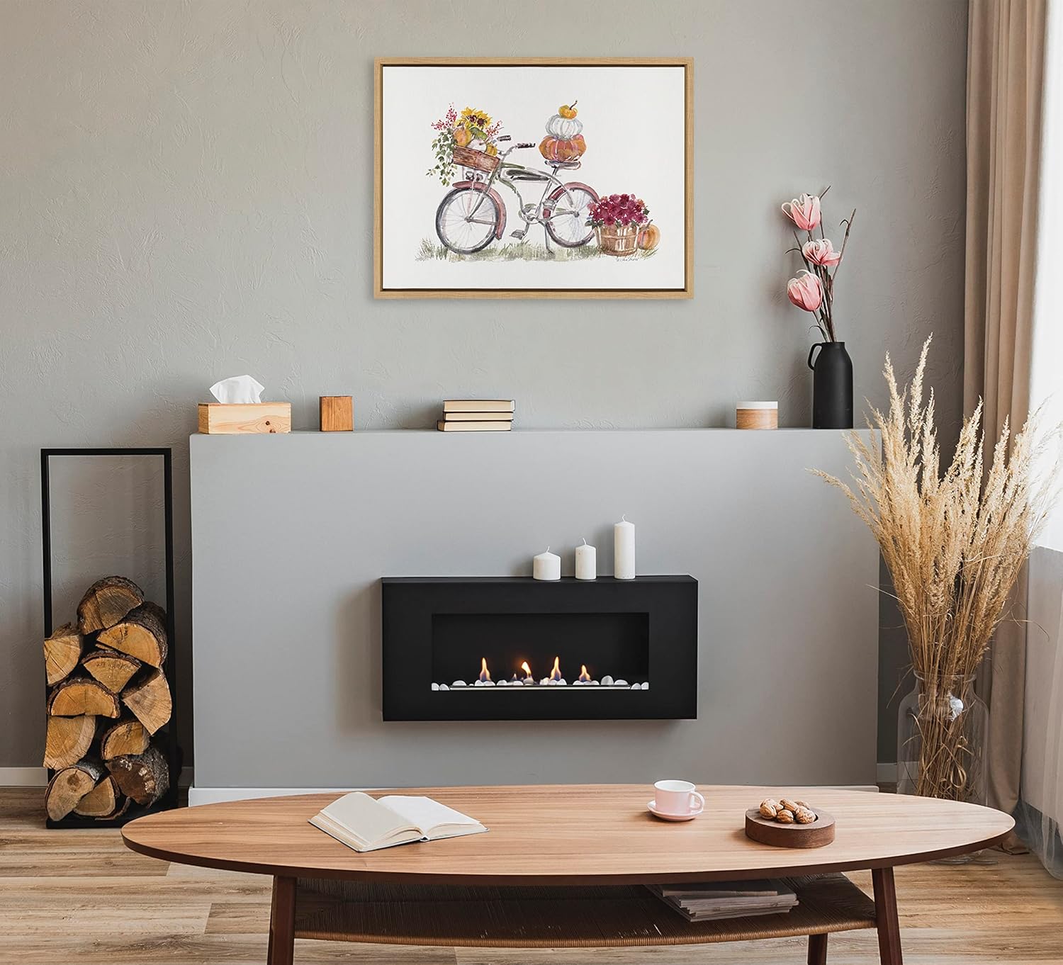 Kate and Laurel Sylvie Vintage Bike in Autumn Framed Canvas Wall Art by Patricia Shaw 18x24 Natural Decorative Pumpkin Fall Wall Dcor