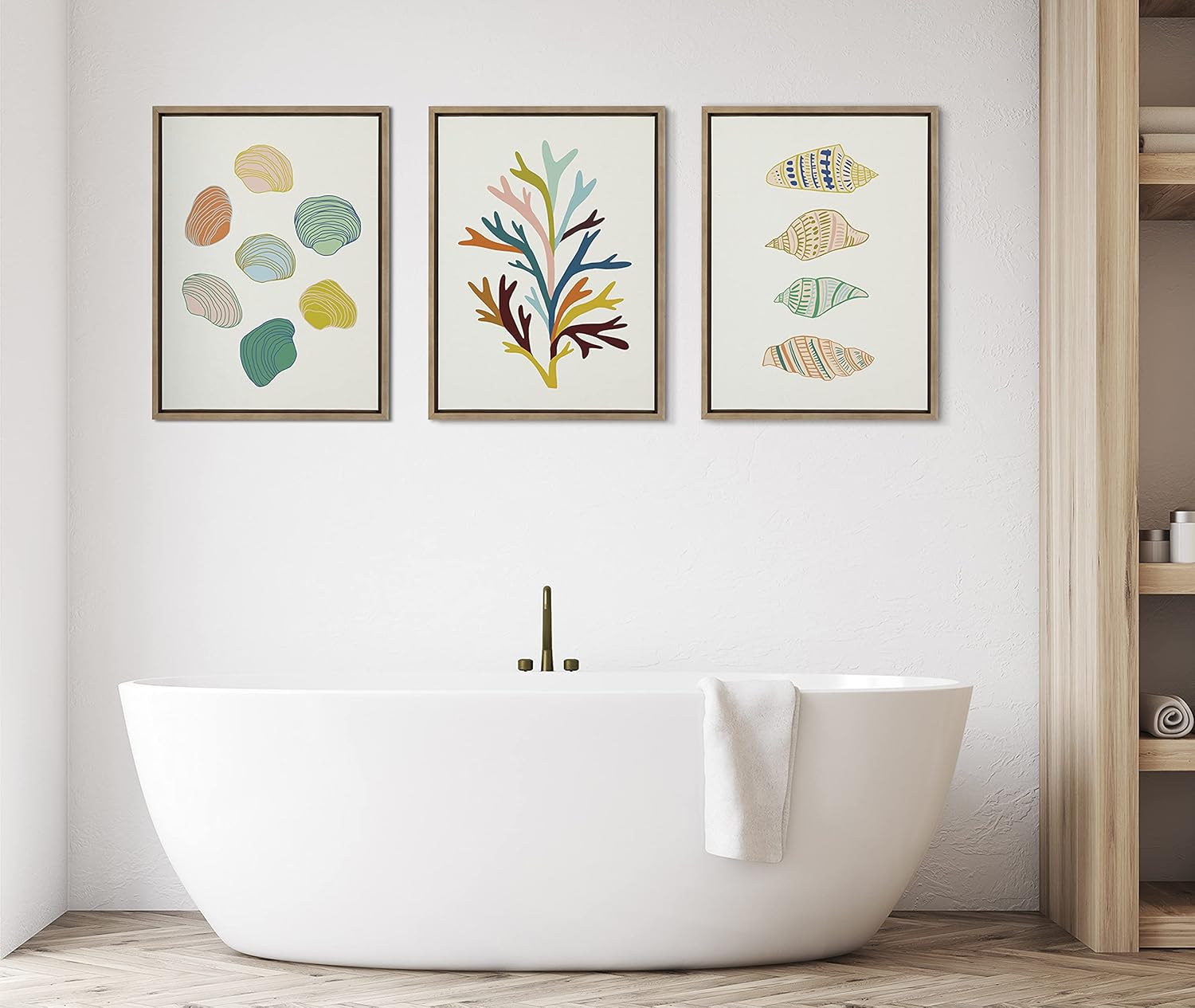 Kate and Laurel x Alicia Schultz Collaboration Sea Plant Framed Linen Textured Canvas Wall Art 18x24 Gold Decorative Coastal Art Colorful Ocean Coral