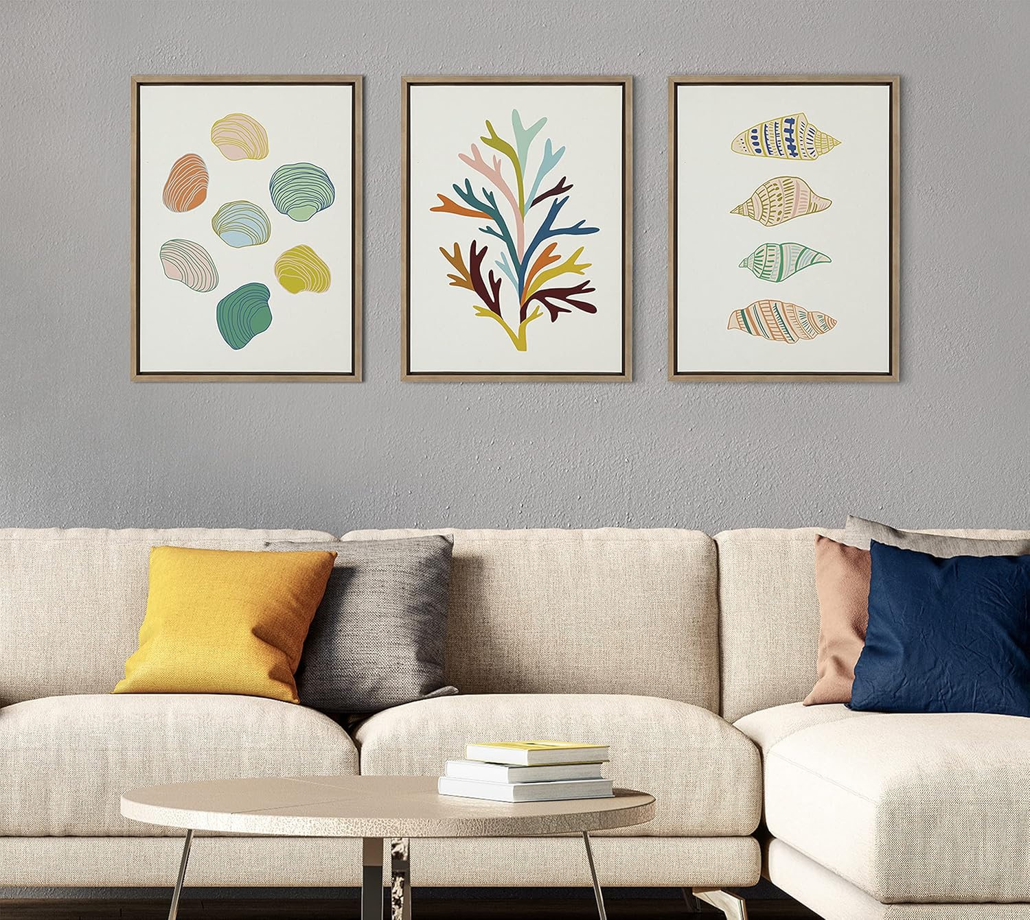 Kate and Laurel x Alicia Schultz Collaboration Sea Plant Framed Linen Textured Canvas Wall Art 18x24 Gold Decorative Coastal Art Colorful Ocean Coral