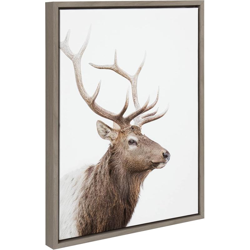 Kate and Laurel Sylvie Stag Profile Framed Canvas Wall Art by Amy Peterson Art Studio 23x33 Natural Modern Forest Animal Portrait Art for WallGray