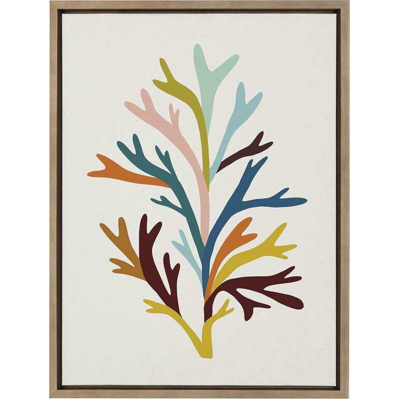 Kate and Laurel x Alicia Schultz Collaboration Sea Plant Framed Linen Textured Canvas Wall Art 18x24 Gold Decorative Coastal Art Colorful Ocean Coral