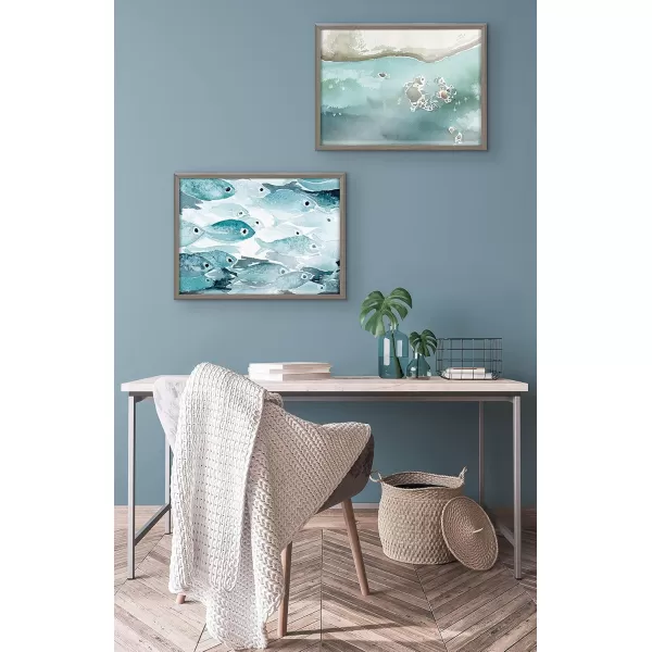 Kate and Laurel Blake Rocky Shores Framed Printed Glass Wall Art by Janet MeinkeLau 18x24 Gray Coastal Beach Art for Wall