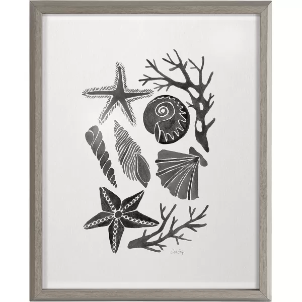 Kate and Laurel Blake Seashells Black Framed Printed Glass Wall Art by Cat Coquillette 16x20 Gray Decorative Coastal Art for Wall