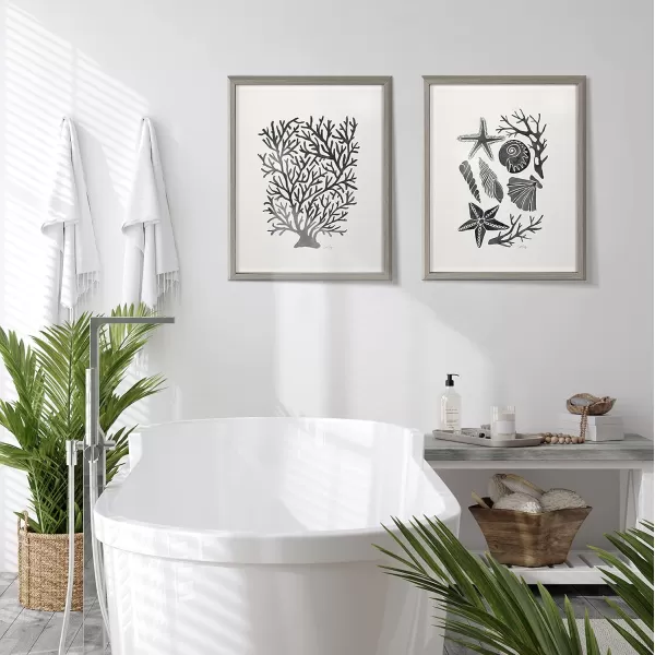 Kate and Laurel Blake Seashells Black Framed Printed Glass Wall Art by Cat Coquillette 16x20 Gray Decorative Coastal Art for Wall